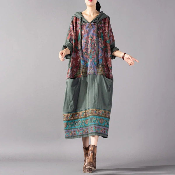 Vintage Hooded Cotton Blend Printed Floral MIDI Sweatshirt Style Dress - Wigging It Etc