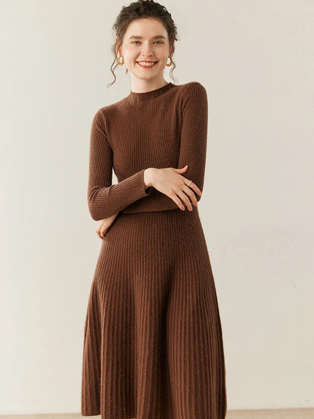 Chic Elegant Pleated Flared 100% Cashmere MIDI Winter Dress