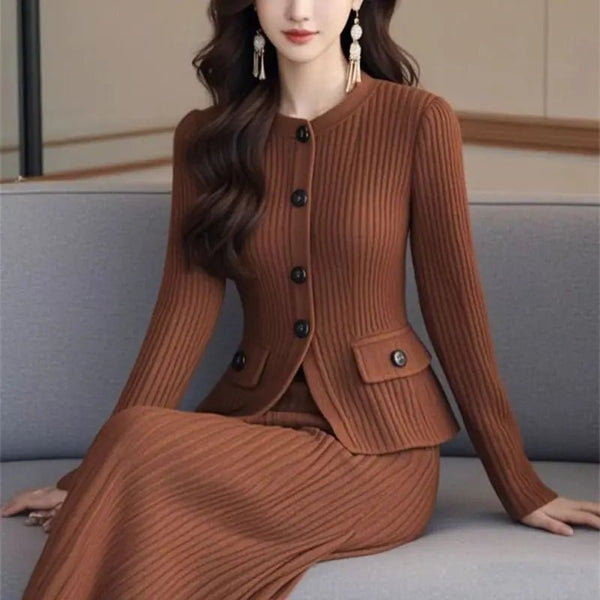 Elegant 2 - Piece Ribbed Wool Cardigan +Knit MAXI Skirt Set - Wigging It Etc