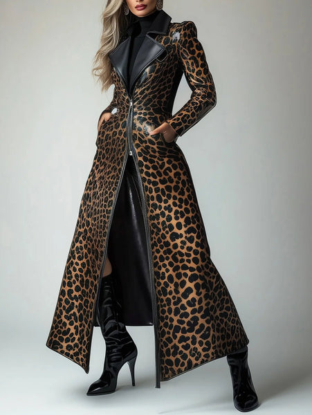 Sexy Sassy Vegan Friendly PU Leather Leopard Pattern Trench Coat - Wigging It Etc