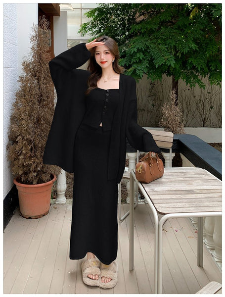 3 Piece Sexy Elegant Cotton Linen Blend Cardigan+Vest+MAXI Skirt Set - Wigging It Etc