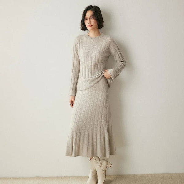 100%x*Alxa Cashmere Pullover Sweater+Pleated Autumn Winter MIDI Skirt Set - Wigging It Etc