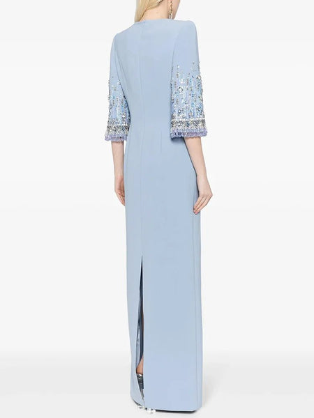 Vintage Tastefully Beaded Cotton Blend Special Occasion MAXI Gown - Wigging It Etc