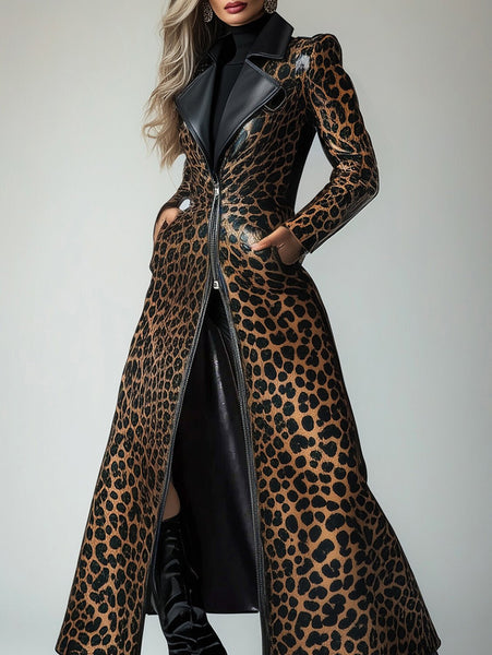 Sexy Sassy Vegan Friendly PU Leather Leopard Pattern Trench Coat - Wigging It Etc