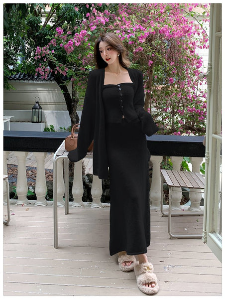 3 Piece Sexy Elegant Cotton Linen Blend Cardigan+Vest+MAXI Skirt Set - Wigging It Etc