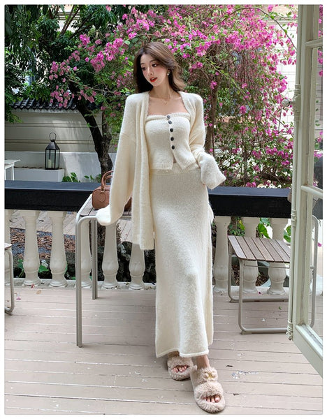3 Piece Sexy Elegant Cotton Linen Blend Cardigan+Vest+MAXI Skirt Set - Wigging It Etc