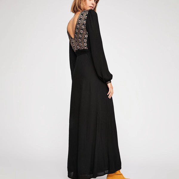 Intricately Embroidered A - Line Bohemian Muslin Cotton MAXI Dress - Wigging It Etc