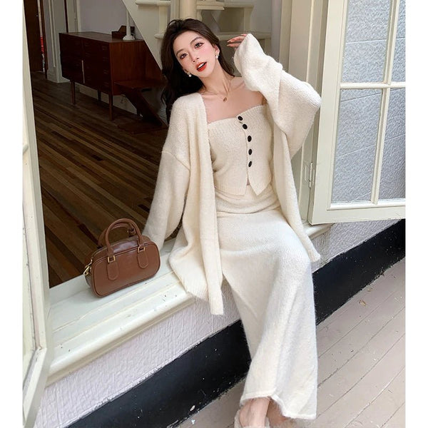 3 Piece Sexy Elegant Cotton Linen Blend Cardigan+Vest+MAXI Skirt Set - Wigging It Etc