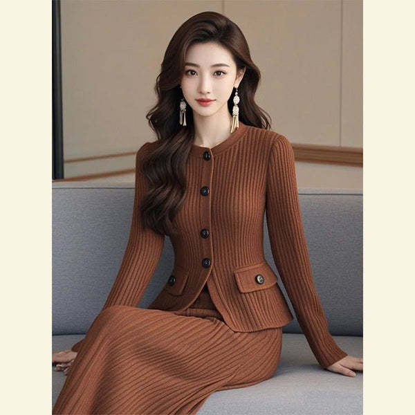 Elegant 2 - Piece Ribbed Wool Cardigan +Knit MAXI Skirt Set - Wigging It Etc