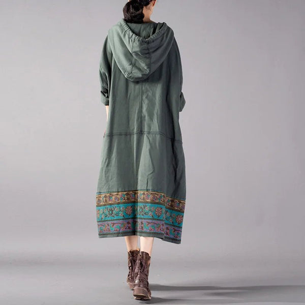Vintage Hooded Cotton Blend Printed Floral MIDI Sweatshirt Style Dress - Wigging It Etc