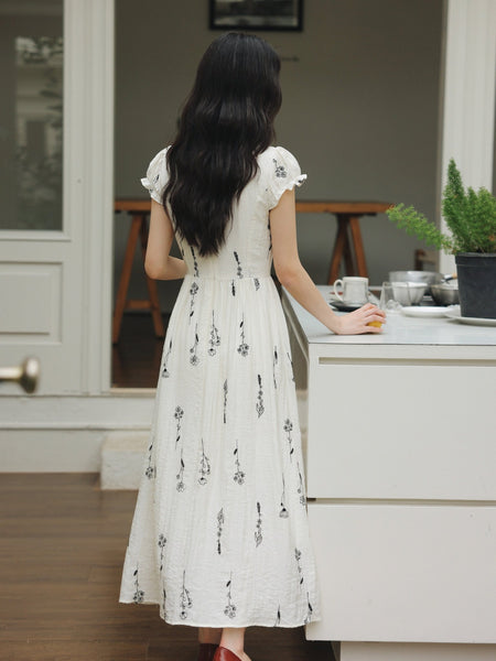 Minimalist Linen Blend A - Line Embroidered French Floral MIDI Dress - Wigging It Etc