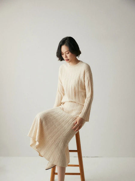 100%x*Alxa Cashmere Pullover Sweater+Pleated Autumn Winter MIDI Skirt Set - Wigging It Etc