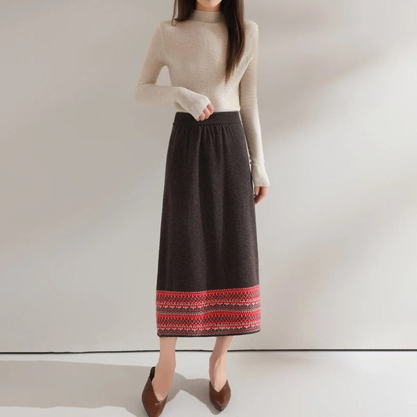 100% Wool Ethnic Style Color Block A - Line MIDI Skirt - Wigging It Etc