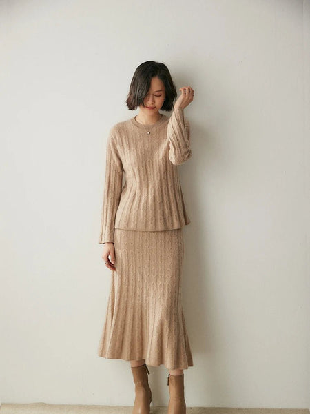 100%x*Alxa Cashmere Pullover Sweater+Pleated Autumn Winter MIDI Skirt Set - Wigging It Etc