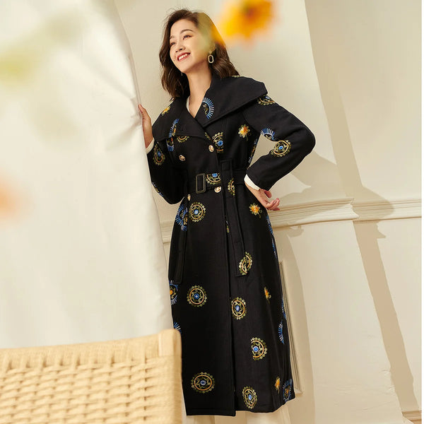 English Style Double Breasted Wool+ Cotton Blend Embroidered Winter Coat