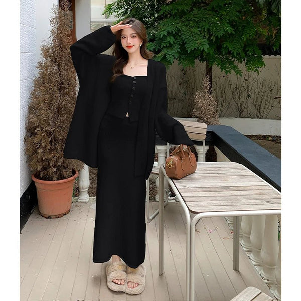 3 Piece Sexy Elegant Cotton Linen Blend Cardigan+Vest+MAXI Skirt Set - Wigging It Etc