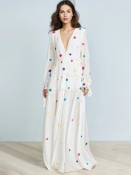 Alluring Breathable 100% Cotton Embroidered V - Neck Bohemian MAXI Dress - Wigging It Etc