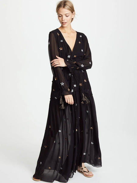 Alluring Breathable 100% Cotton Embroidered V - Neck Bohemian MAXI Dress - Wigging It Etc