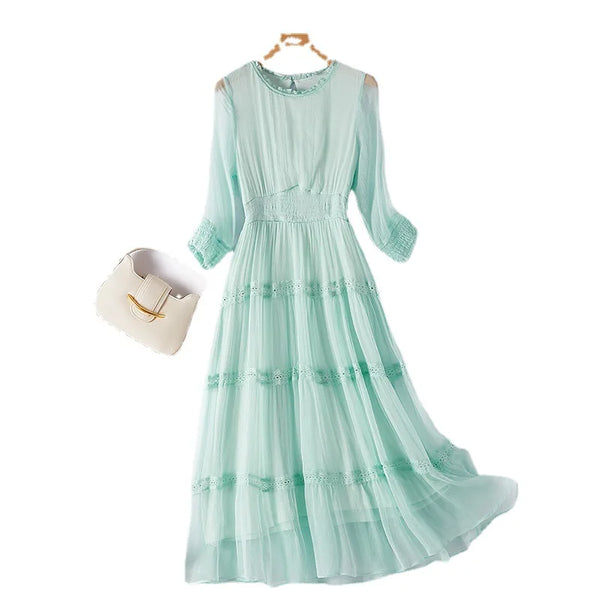 Exquisite 100% Pure Mulberry Silk + Lace Patchwork, MIDI Dress