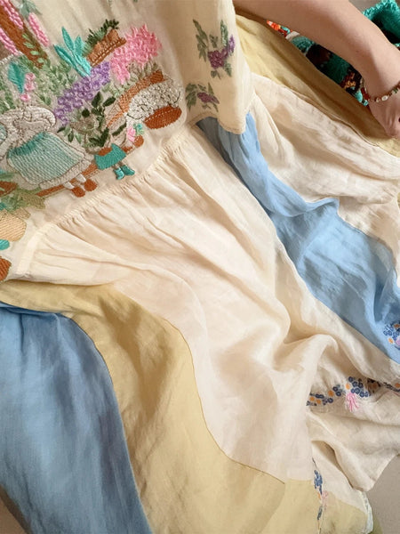 Exquisitely Embroidered Quirky A - Line Ramie+Linen MIDI Dress - Wigging It Etc