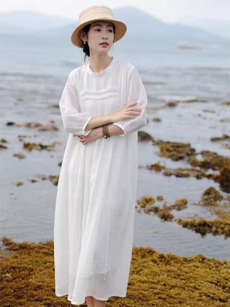 100% Ramie Pleated Double Layer Lace - Up MAXI Dress - Wigging It Etc