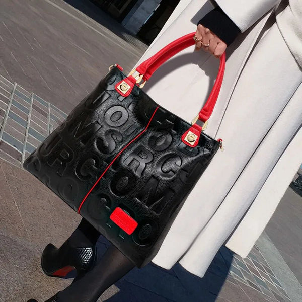 Genuine Cowhide Leather Embossed Lettered Tote Bag - Wigging It Etc