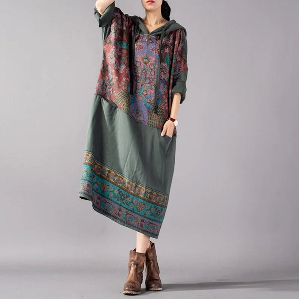 Vintage Hooded Cotton Blend Printed Floral MIDI Sweatshirt Style Dress - Wigging It Etc