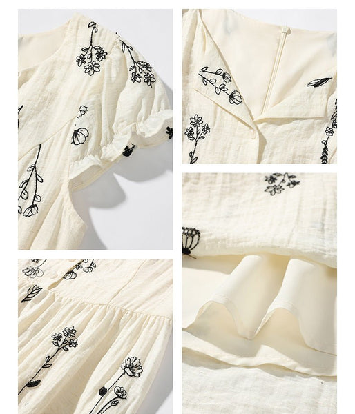 Minimalist Linen Blend A - Line Embroidered French Floral MIDI Dress - Wigging It Etc