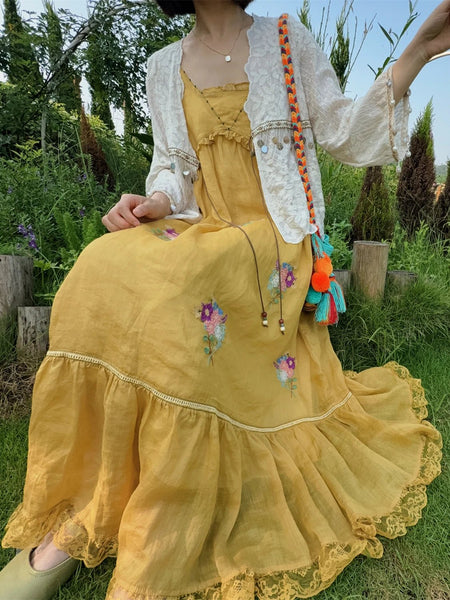 100% Ramie Embroidered A - Line Lace Patchwork MIDI Dress - Wigging It Etc