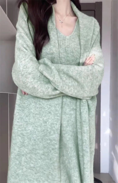 2 Piece Cotton Blend French MIDI Knit Dress + Cardigan Set - Wigging It Etc