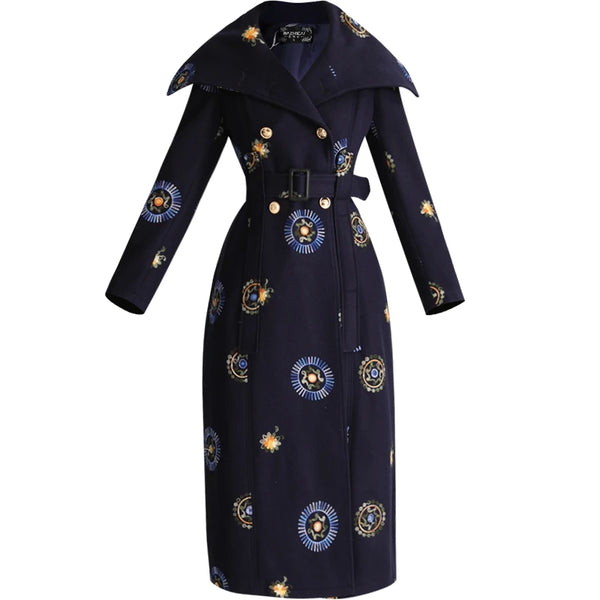 English Style Double Breasted Wool+ Cotton Blend Embroidered Winter Coat