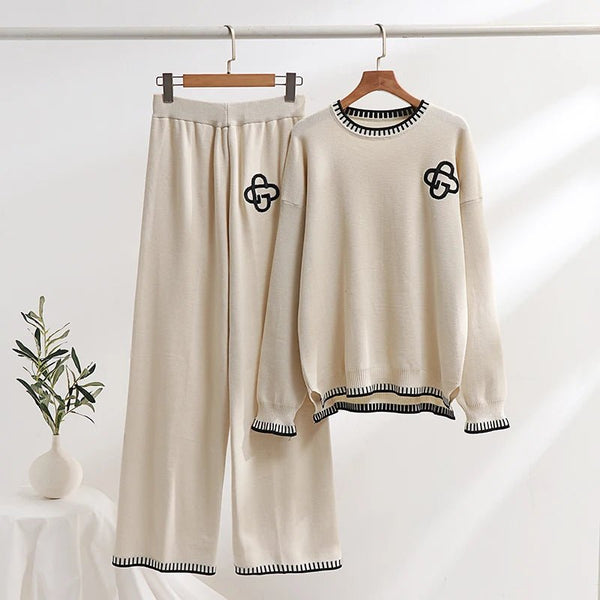 Elegant Embroidered Cotton Blend 2 - Piece Sweater + Palazzo Knit Set - Wigging It Etc