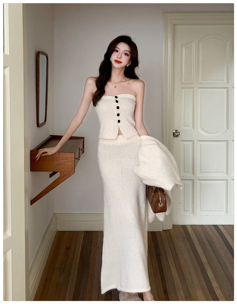 3 Piece Sexy Elegant Cotton Linen Blend Cardigan+Vest+MAXI Skirt Set - Wigging It Etc