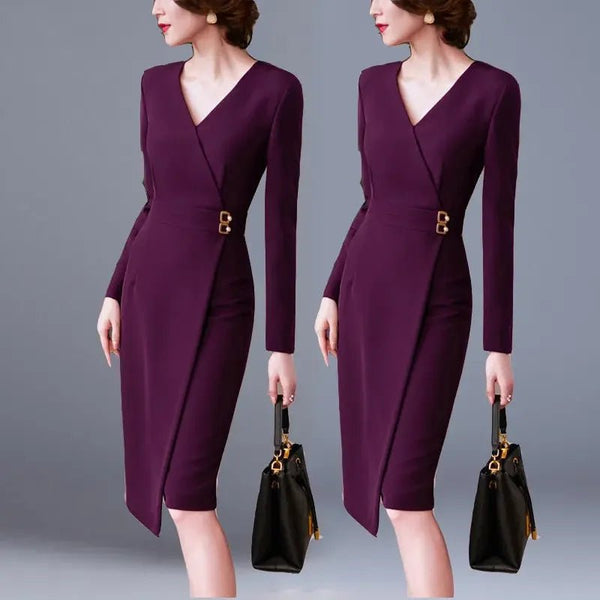 Elegant A - Line Long Sleeved V - Neck MIDI Dress - Wigging It Etc