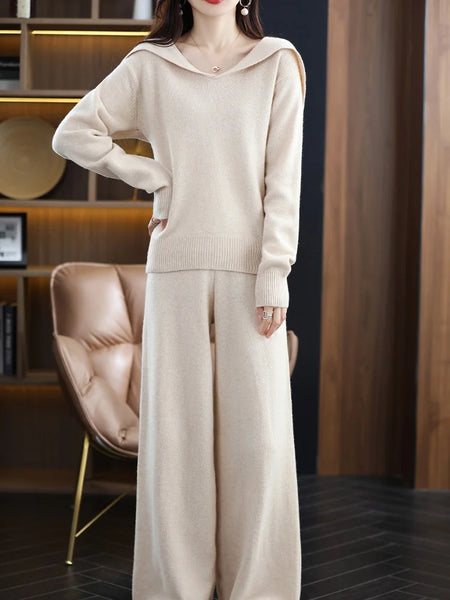100% Pure Wool Cashmere + Wool Blend Sweater + Palazzo Pants Set