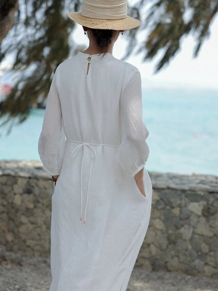 100% Ramie Pleated Double Layer Lace - Up MAXI Dress - Wigging It Etc