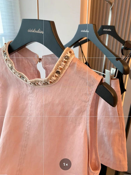 2 Piece Chic Minimalist Beaded Cotton Linen Shorts Set - Wigging It Etc