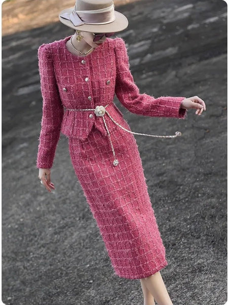 2 Piece Cotton+Wool Blend Autumn Winter English Tweed MIDI Skirt Set - Wigging It Etc