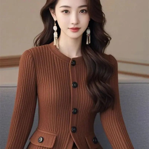 Elegant 2 - Piece Ribbed Wool Cardigan +Knit MAXI Skirt Set - Wigging It Etc