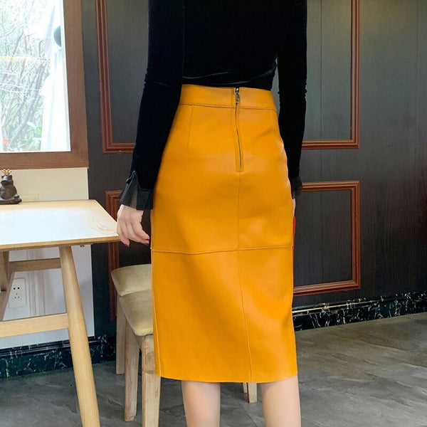 Sexy French Retro Split Genuine Leather Skirt - Wigging It Etc