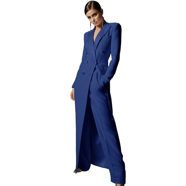 Upscale Double - Breasted MAXI Coat Pant Suit Set - Wigging It Etc