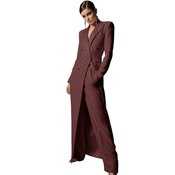 Upscale Double - Breasted MAXI Coat Pant Suit Set - Wigging It Etc