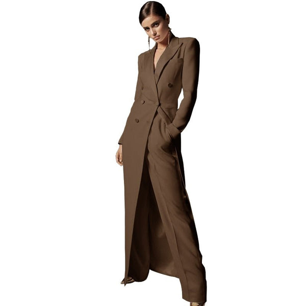 Upscale Double - Breasted MAXI Coat Pant Suit Set - Wigging It Etc