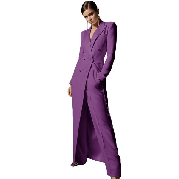 Upscale Double - Breasted MAXI Coat Pant Suit Set - Wigging It Etc