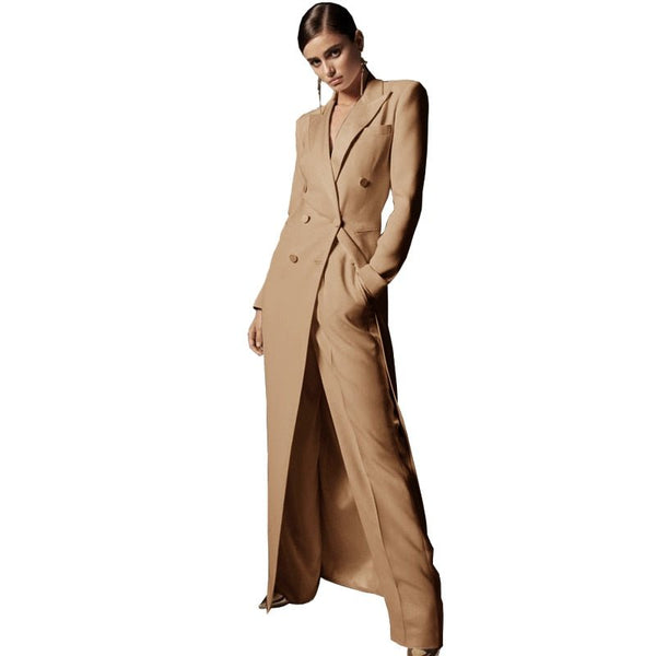 Upscale Double - Breasted MAXI Coat Pant Suit Set - Wigging It Etc