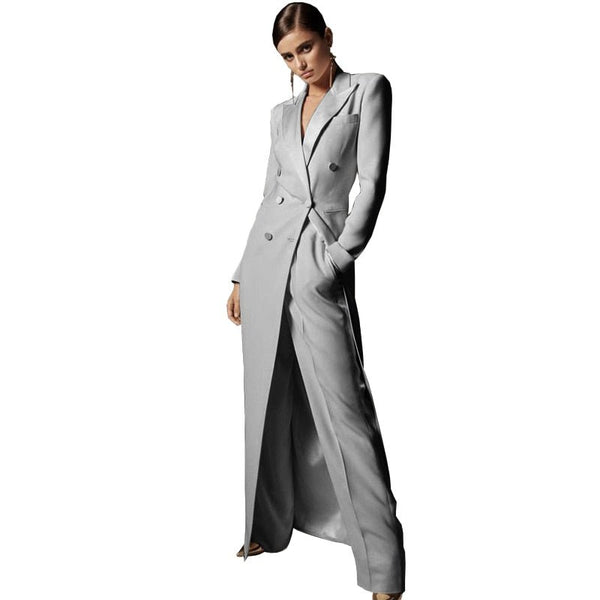 Upscale Double - Breasted MAXI Coat Pant Suit Set - Wigging It Etc