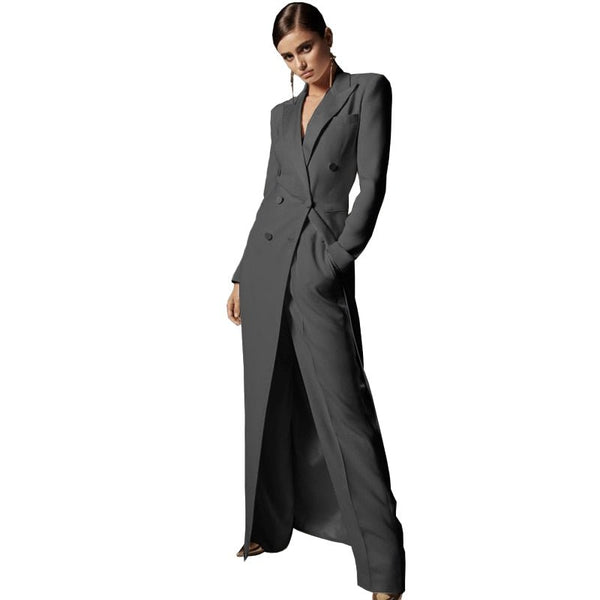 Upscale Double - Breasted MAXI Coat Pant Suit Set - Wigging It Etc
