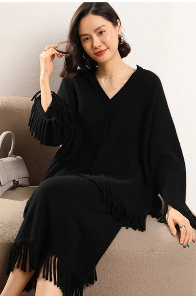 Roomy 2 Piece 100% Cashmere Tasseled Bohemian Sweater+MIDI Skirt Set