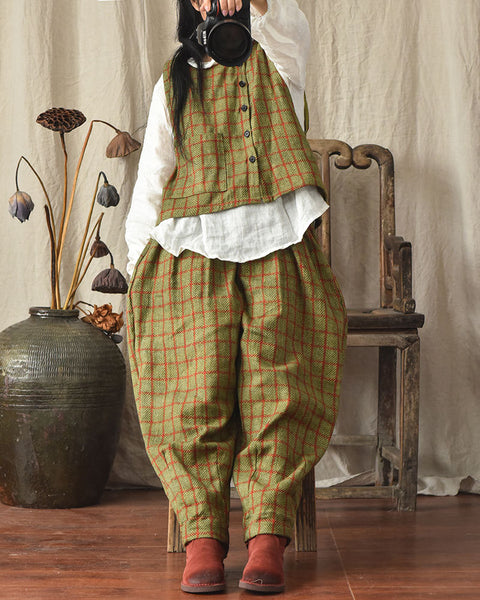 Vintage Breathable Cotton Linen All Season Plaid Pants