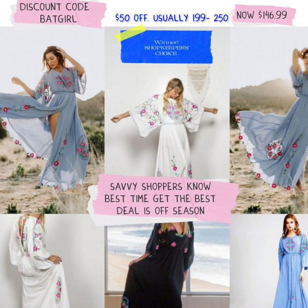 100% Cotton Retro Batwing-Sleeved Embroidered Bohemian MAXI Dress